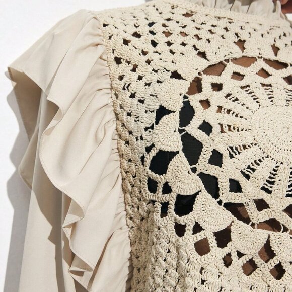 Khaki Casual Women's Apricot Hollow Hook Flower Splicing Ruffles Top - Picture 5 of 7